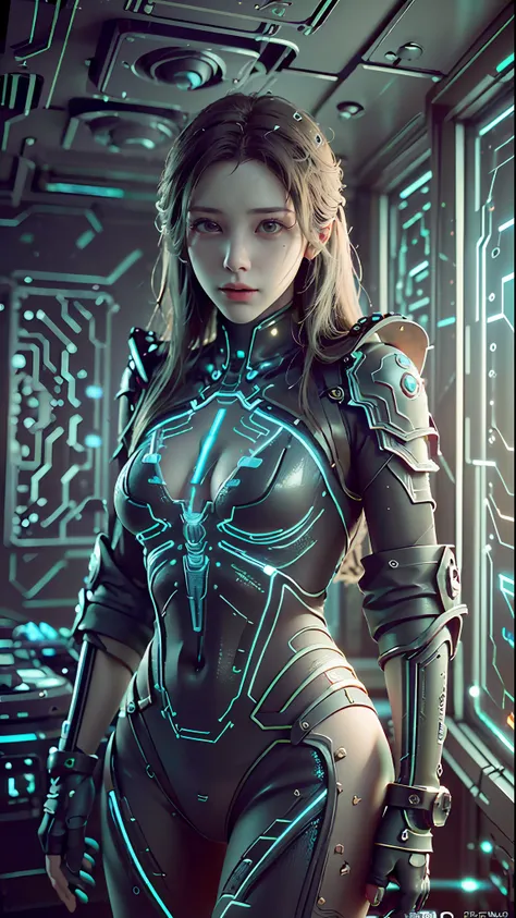 ((best quality)), ((masterpiece)), (detailed:1.4), 3d, a beautiful cyberpunk female figure with thick hair, indoors, looking at ...