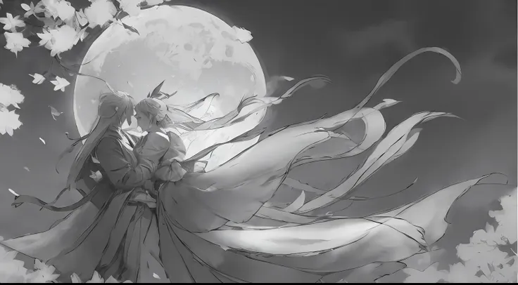 anime girl and boy in long skirt hugging before full moon, night view, flowing white robe, flowing hair and robe, by yang j, by ...