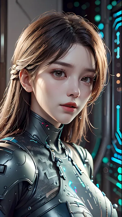 ((best quality)), (masterpiece)), (details: 1.4), 3d, beautiful cyberpunk female figure with thick hair, indoors, looking at ele...