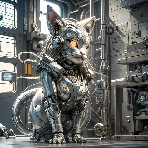 cyberpunk, three mechanical cats, cyberpunk style bar, drinking beer, one of the cats is close to the camera, with a melancholy ...