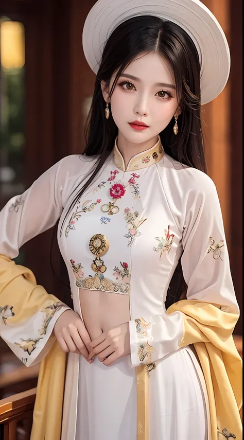 1 27-year-old solo girl, 1 zodiac goddess from the future, goddess wearing a bridal dress, 12 pink and purple zodiac signs, goddess wearing white silk shirt and pants with red and yellow color combination, tight ao dai white and red, ao dai with thin fabri...