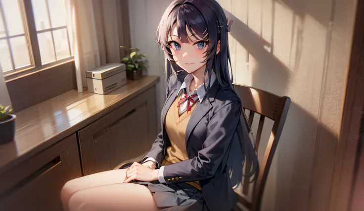 mai sakurajima, sitting in a chair in a room, pale light, smiling, wearing a school uniform