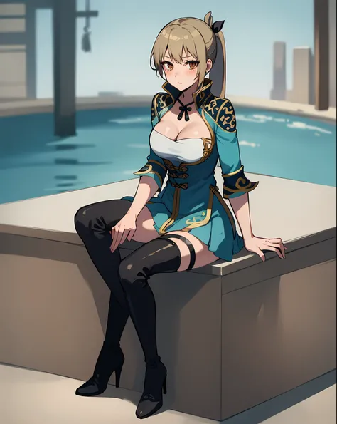 best quality, (masterpiece:1.2), illustration, absurdres,
(1girl, solo), (beautiful detailed girl), (cute:0.4),
Wang Yuanji, blonde hair, ponytail, brown eyes, large breasts,
aqua dress, ornate dress, cleavage, aqua skirt, black thigh boots, thighhigh bo...