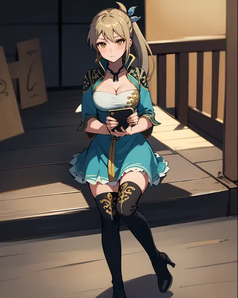 best quality, (masterpiece:1.2), illustration, absurdres,
(1girl, solo), (beautiful detailed girl), (cute:0.4),
Wang Yuanji, blonde hair, ponytail, brown eyes, large breasts,
aqua dress, ornate dress, cleavage, aqua skirt, black thigh boots, thighhigh bo...