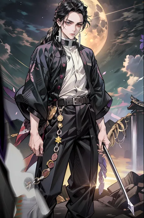 Kimetsu no yaiba style, tall, lean, demon slayer style, forest back ground, moonlight, moonlight on character, moonlit character, flower foreground, demon slayer uniform, 1boy, male focus, scar on face, weapon, scar, earrings, teeth, jewelry, pants, scar o...