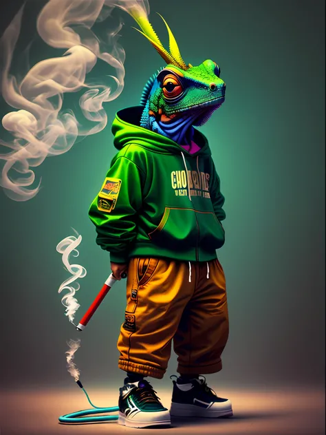 Image of a chameleon standing smoking, wearing hip-hop style clothes, speakers, 90s style