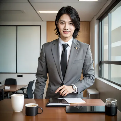 meeting room, office, cleanliness, male, office worker, Japan, twenties, youth, refreshing, smile, table, material on table, black hair, watch, suit, interview、20代の男性、イケメン、
