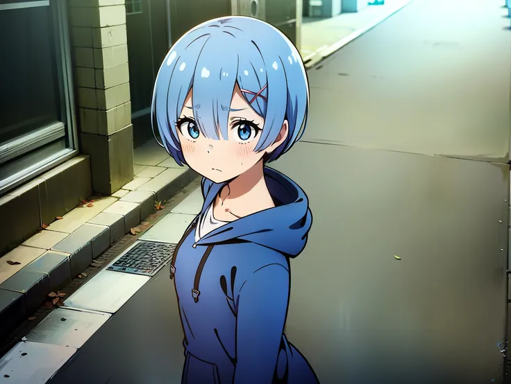 masterpiece, close up, rem rezero, blue eyes, sad face, look down, blue hoodie, medium breasts, in the middle of the street,