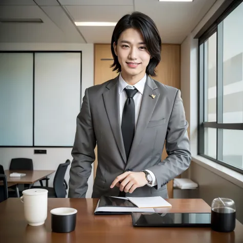 meeting room, office, cleanliness, male, office worker, Japan, twenties, youth, refreshing, smile, table, material on table, black hair, watch, suit, interview、20代の男性、イケメン、