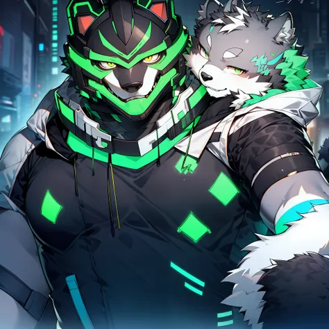 furry, black snow leopard, green fluorescent pattern, cyberpunk style