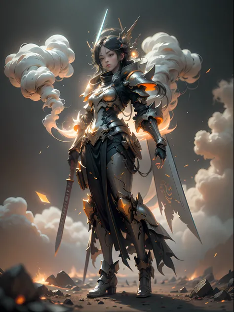 Ghost music mage holding pipa guzheng, super cool ghost mage, fuqin, guzheng, pipa, orange armor, wearing orange mechanical armor, smoke surrounding, musical notes, cloud smoke surrounding, glowing eyes, holding musical instruments, imposing walking, posit...