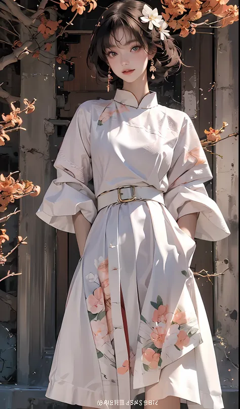 there is a girl in a short green dress, plum blossoms, oriental architecture ray tracing, best quality, masterpiece, extremely d...