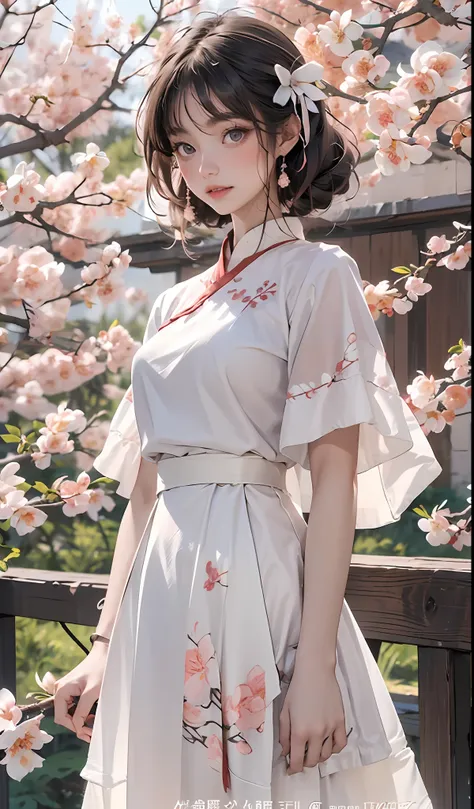 there is a girl in a short green dress, plum blossoms, oriental architecture ray tracing, best quality, masterpiece, extremely d...