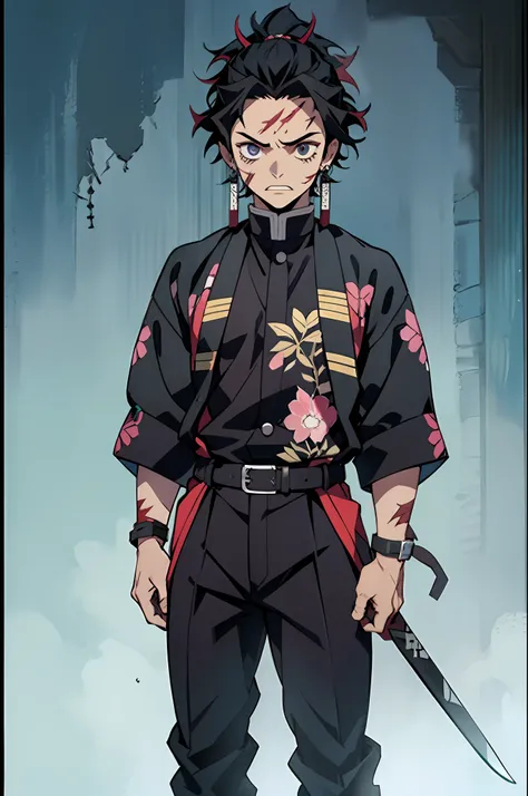 Kimetsu no yaiba style, demon slayer uniform, 1boy, male focus, scar on face, weapon, scar, earrings, teeth, jewelry, pants, scar on forehead, long black hair, belt, black pants, japanese clothes, haori, black haori, solo, black sharp eyes, long sleeves, a...
