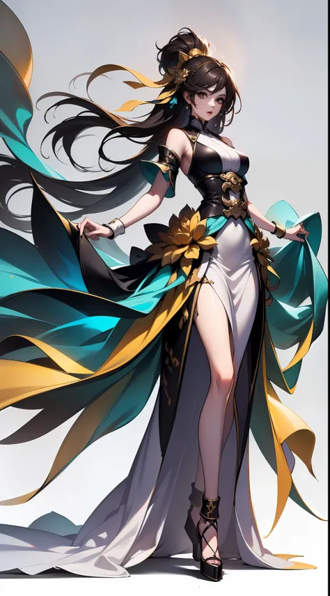 1 woman, full body, white background, xianxia, long hair, gorgeous hair accessories, yellow hanfu, high detail, sketch, denoising, cinematic, particle effects, white background, super high resolution, sharp focus, epic composition, masterpiece, (very detai...