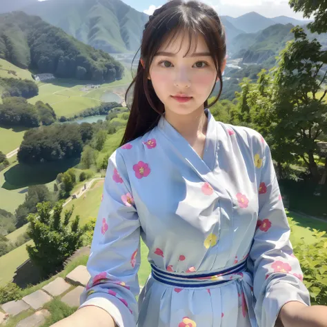 there is a young girl with black hair, japan, taking a selfie with the mountains of nara prefecture in the background, her face ...