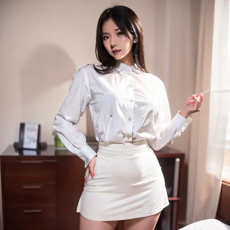 araffed asian woman in a skirt and white shirt posing for a picture, wearing a blouse, wearing white shirt, fine white shirt, we...