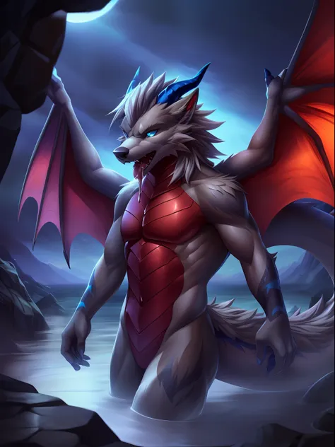 pov, correct anatomy, hairy, furry, ((((dragon-wolf hybrid), male, red details on arms, legs and ears, wolf nose, one blue eye a...