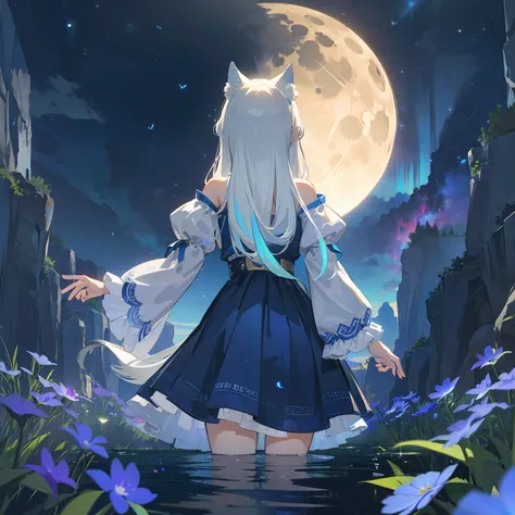 Spacious Landscape , (Looking Up and Down), Girl Standing in Flower Garden Looking Up, (Full Moon:1.2), ( Shooting Star:0.9), (Nebula:1.3), Starry Sky, White Flower Field, Shining Flower Field, Fantastic Flower Field, Trees , (Warm Light Source:1.2), (Fire...