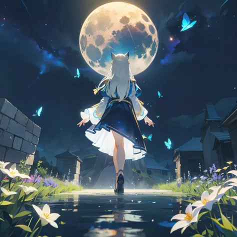 Spacious Landscape , (Looking Up and Down), Girl Standing in Flower Garden Looking Up, (Full Moon:1.2), ( Shooting Star:0.9), (Nebula:1.3), Starry Sky, White Flower Field, Shining Flower Field, Fantastic Flower Field, Trees , (Warm Light Source:1.2), (Fire...