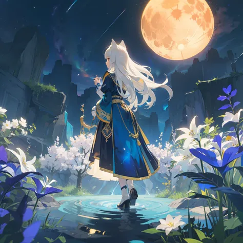 Spacious Landscape , (Looking Up and Down), Girl Standing in Flower Garden Looking Up, (Full Moon:1.2), ( Shooting Star:0.9), (Nebula:1.3), Starry Sky, White Flower Field, Shining Flower Field, Fantastic Flower Field, Trees , (Warm Light Source:1.2), (Fire...
