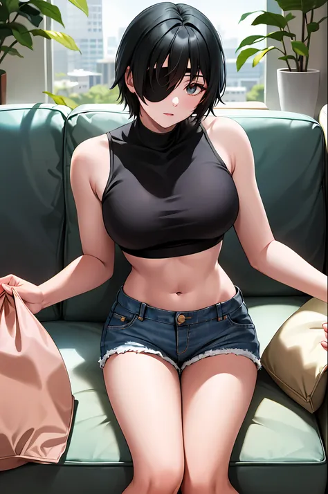 masterpiece, best quality, highres, hmn1, eyepatch, breasts, white crop top,jeans, denim shorts,indoors, holding_can, sitting, s...