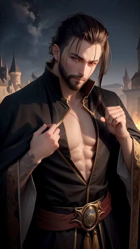 The light is night, the medieval vampire (male: 1.2) full body image, wearing a single layer of black silk gown, the clothes are open from the neckline to the waist, the facial features are Kiru Revis, there is a blood-colored light effect on the hands, th...