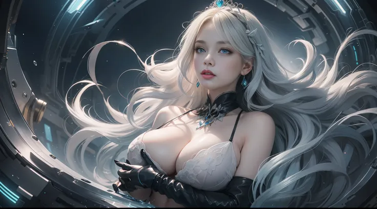 ((Gorgeous Princess, huge breast,gloves)), (with long flowing white hair), (bright beautiful eyes), Trends on Art Station, Peter Mohrbacher, super detailed, crazy detail, stunning, sophisticated, elite, art nouveau, gorgeous, liquid wax, elegant, luxurious...
