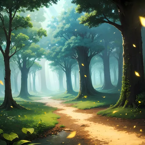 fantasy forest, magic, fireflies, tranquility, towering trees, streams, glowing leaves, spots of light, tyndall rays, dreamy, no...