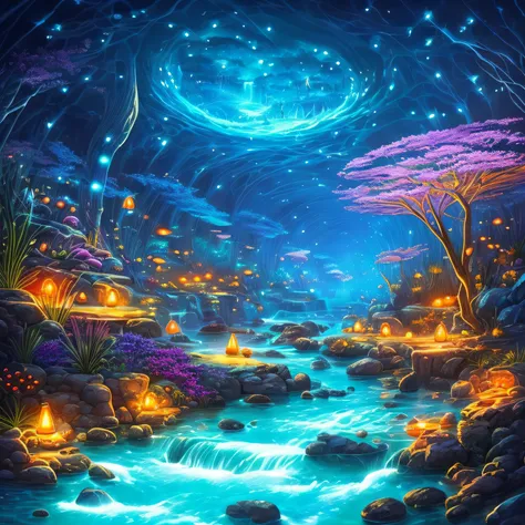 deep blue sea, streams, atlantis, glowing spots, beautiful fishes, silent world, flashing points, fireflies, dreamy, fantasy, ma...