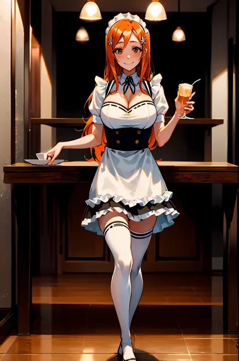 orihime inoue, bleach, 1girl, solo, maid dress, meidofuku, maid uniform, maid, black thighhighs, breasts, cleavage, pleated skir...