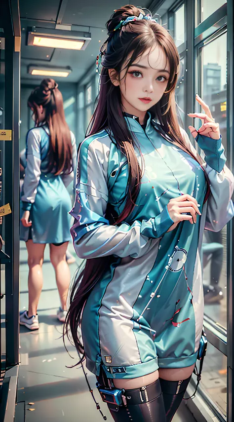 A girl looking at the audience, brunette hair, Chinese girl, (perfect eyes: 1.2), (womens sportswear: 1.2) (womens casual clothing: 1.5), (dress: 1.2), (eyes with correct proportions: 1), (mecha: 1.5), (face front: 1.5), (body front: 1.5), (full body: 1.5)...