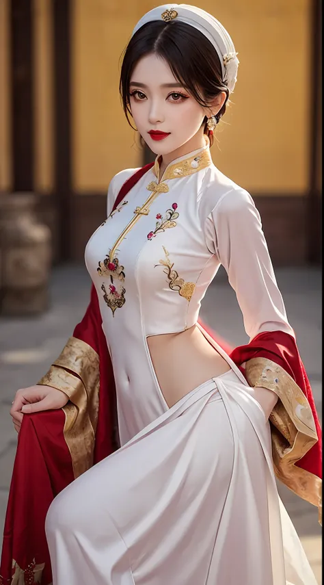 1 27-year-old solo girl, 1 zodiac goddess from the future, goddess wearing a bridal gown, traditional ao dai and turban style, 1...