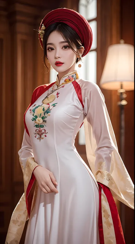 1 27 year old solo girl, 1 zodiac goddess from the future, goddess wearing a bridal gown, 21st century traditional ao dai and tu...