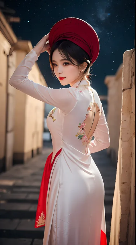 1 27 year old solo girl, 1 zodiac goddess from the future, goddess wearing a bridal gown, 21st century traditional ao dai and tu...