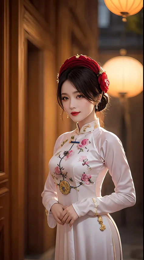 1 27 year old solo girl, 1 zodiac goddess from the future, goddess wearing a bridal gown, 21st century traditional ao dai and tu...