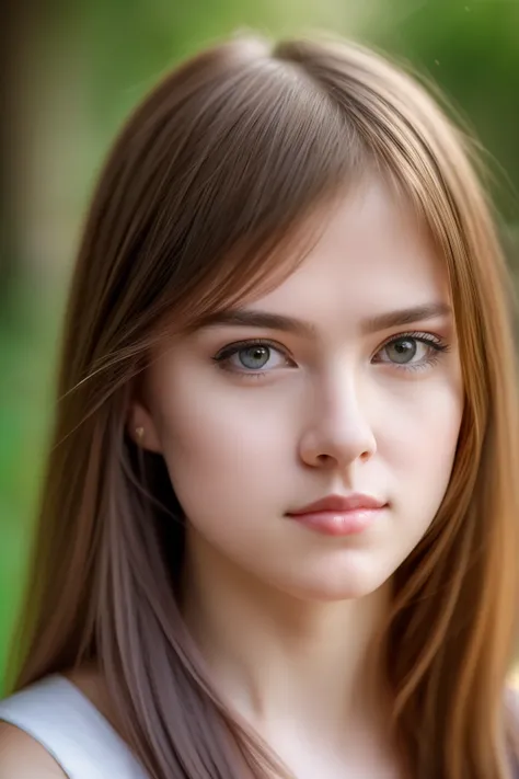 beautiful portrait of a young girl, long straight hair, her face is melancholic and thoughtful, looks into the camera, photograp...