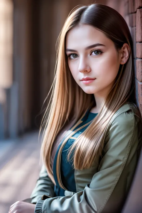 beautiful portrait of a young girl, long straight hair, her face is melancholic and thoughtful, looks into the camera, photograp...