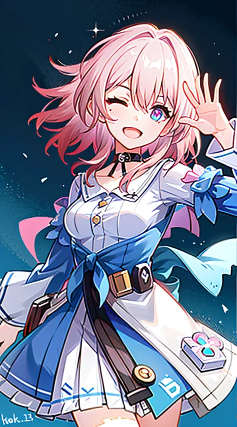 masterpiece,best quality,1girl, short hair, pink hair, one eye closed,pink eyes|blue eyes, happy, uniform,