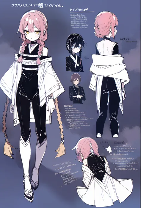 Pink hair, golden eyes, a slender low braid, braid, one-piece swimsuit, white tights, black hands with black claws, a person, the same character, androgynous, (cute art style, anime style illustration, by Kamagurka, in pixiv, pixiv style, pixiv, in anime s...