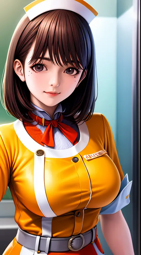 Big anime girl posing in front of the window, (((Waitress Uniform: 1.2)))), ((Yellow Uniform)), ((No Bra)), (Full smile)), ((Upper Body)), ((large breasts)), ((Focus on People)), ((Brown Hair)), ((Look from the front)), (Hands down)), Seductive anime girls...