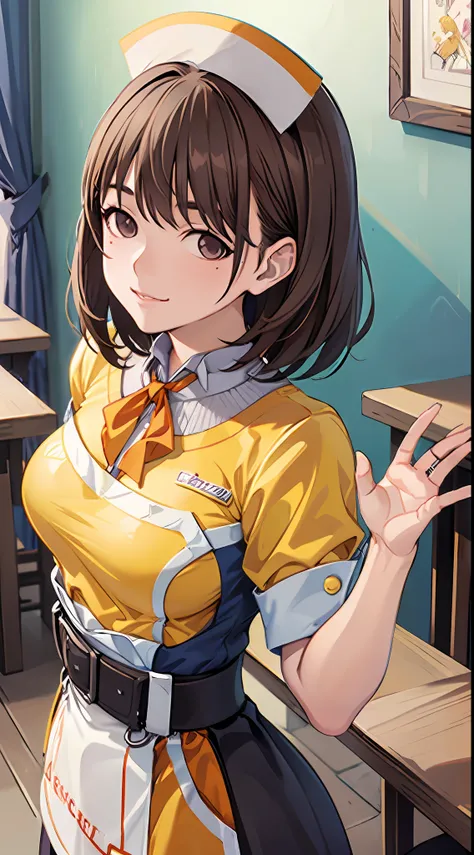 Anime girl with big breasts posing in front of the window, (((Waitress Uniform: 1.2)))), ((Yellow Uniform)), ((No Bra)), (Full smile)))), ((Upper body)), ((Focus on people)), ((Brown hair)), ((Looking from the front)), (Waving)), Seductive anime girl, Best...