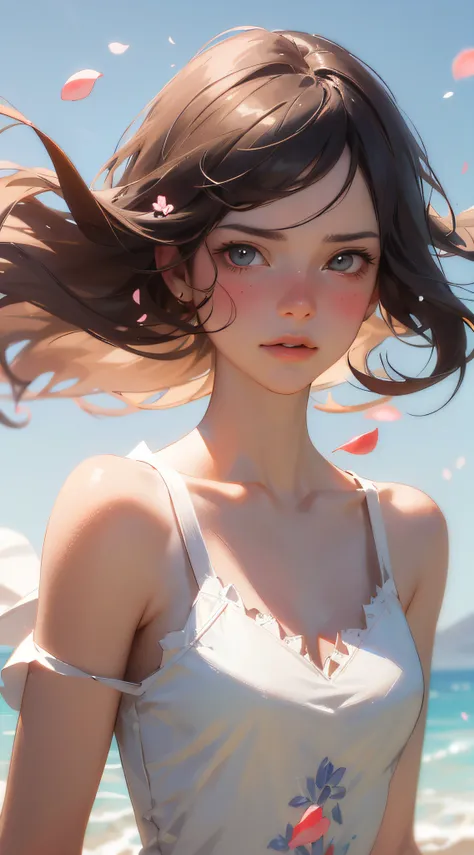 (best quality, masterpiece, ultra-realistic), 1 beautiful and delicate portrait of a girl, playful and cute, with floating petal...