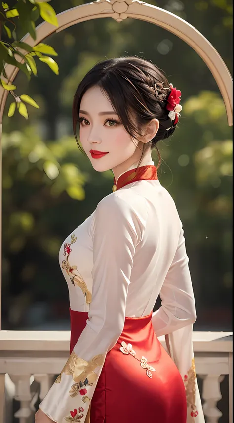 1 very pretty girl, solo, 27 years old, girl wearing bridal ao dai, long dress and hair jewelry, young girl wearing white ao dai...