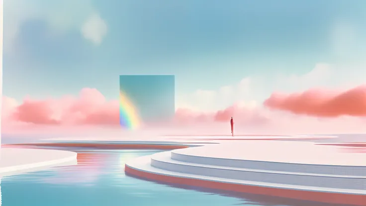 there is a man standing on a platform in a pool, colorful flat surreal ethereal, in a surreal dream landscape, a surreal dream l...