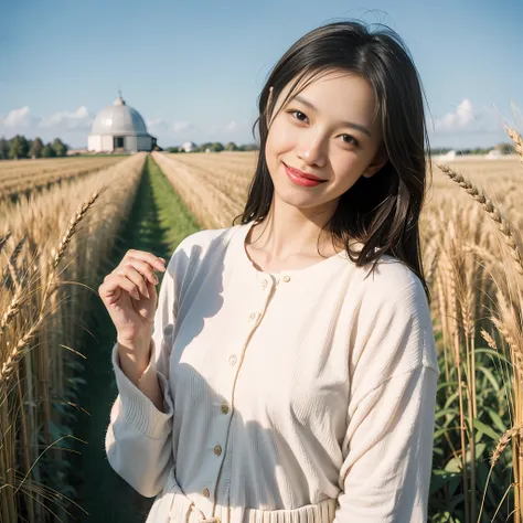 1 girl, standing in rustic farm environment. she has a soft, gentle smile and expressive eyes. in the background is a charming b...