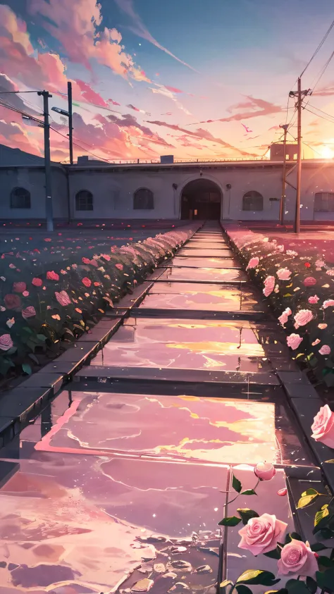 Summer, desert, pink clouds, a land overgrown with roses, high definition