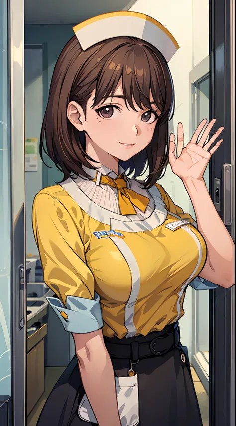 anime girl with big breasts posing in front of the window, ((waitress uniform: 1.2)))), ((yellow uniform)), ((yellow sleeves)), ...