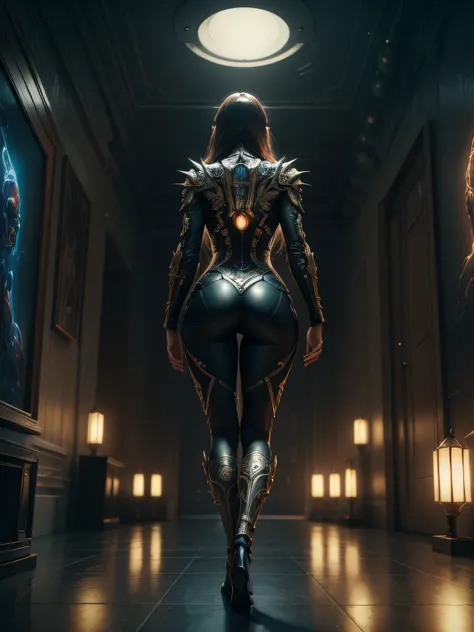 full body shot, full super fit body of a lovely crystal embellished Aphrodite goddess beautiful body wearing a black wet transparent cloth, rear view, scifi, futuristic, utopian, machine parts, body parts, wires, circuits, highly detailed, octane render, c...