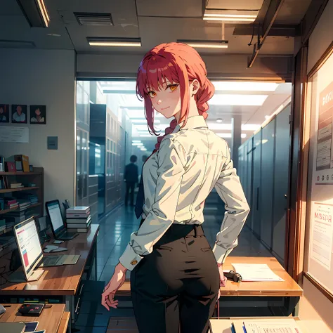 (masterpiece, best quality:1.2), from behind, solo, 1girl, makima, slight pervert smile, closed mouth, looking back, braided ponytail, ringed eyes, white shirt, black pants, bent forward, hands on desk, bent on desk, pervert, ultra detailed, beautiful body...